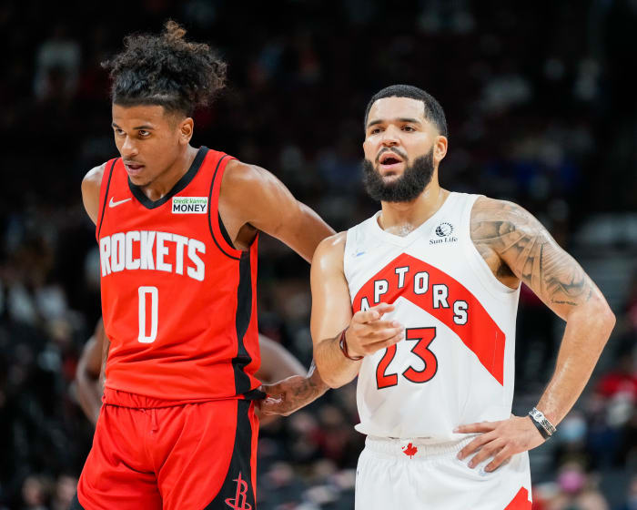 Former Raptors guard Fred VanVleet looks on against Rockets' Jalen Green at Scotiabank Arena. Mandatory Credit: Kevin Sousa-USA TODAY Sports